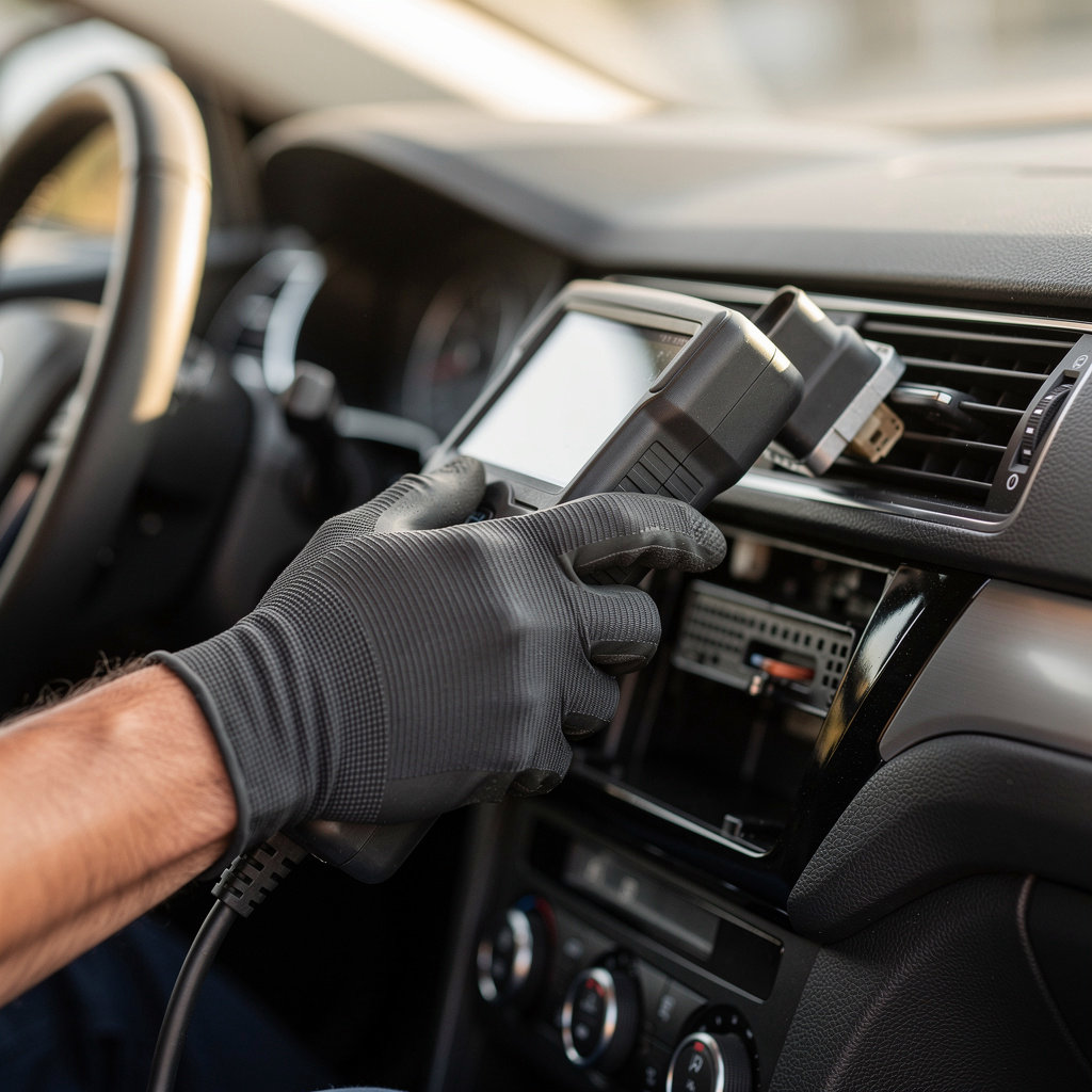 Eazi Mobile Mechanic SB technician performing advanced vehicle diagnostics with a tablet scanner in Santa Barbara